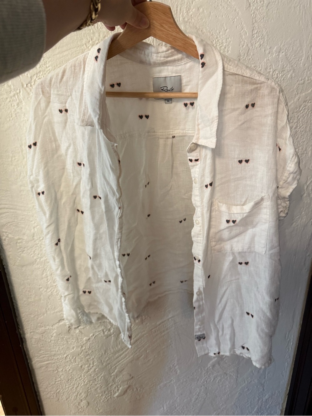 Rails White Button-Down Shirt with Tiny Black Heart Print -  XL fits like L